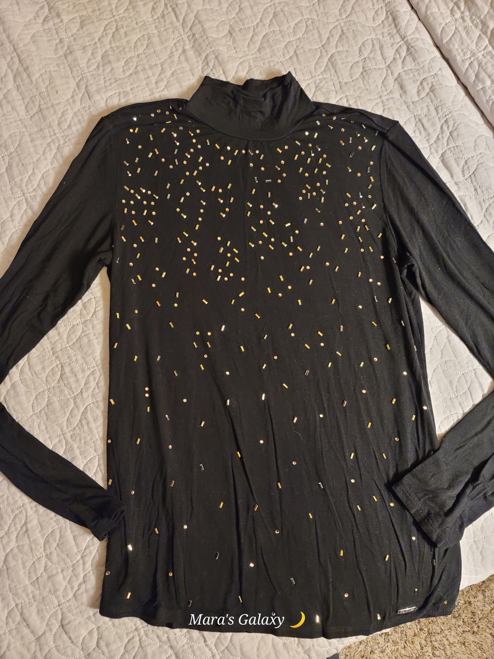 Black Mock Neck Embellished Long Sleeve Top Gold Studs Small